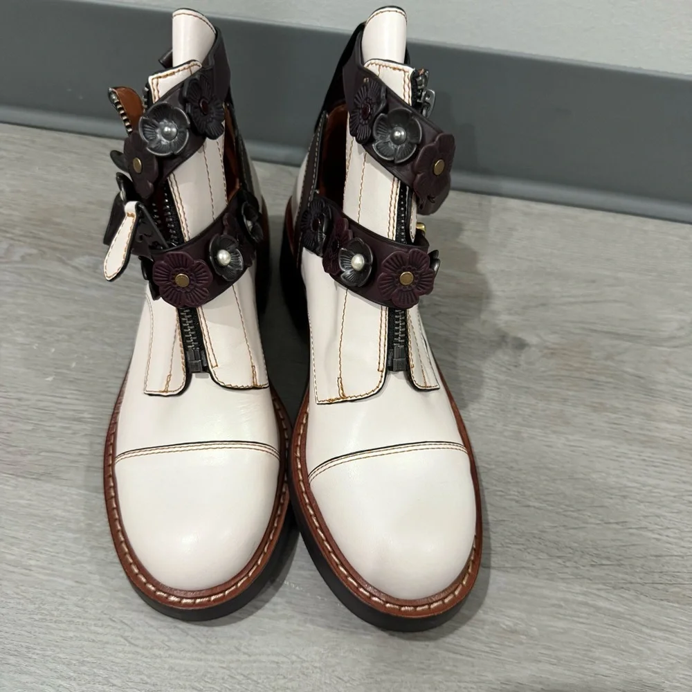 Coach Ankle Booties Chalk Oxblood Moto Cutout in White Leather - Picture 4 of 10